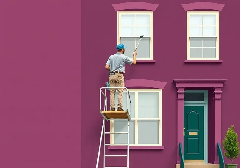 Peintre sur échafaudage traitant la façade d'une maison